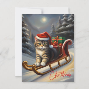 Merry Christmas Santa Cat on Sleigh  Holiday Card