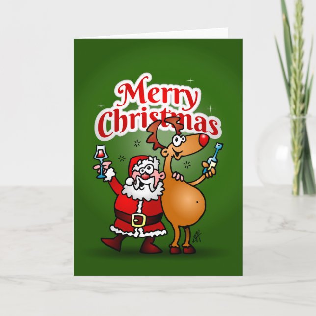 Merry Christmas - Santa Claus and his Reindeer Holiday Card (Front)