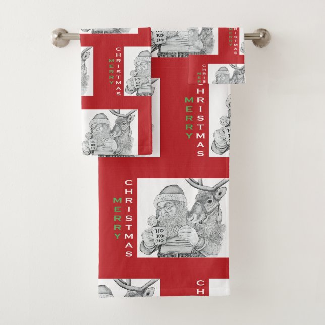 Merry Christmas Santa Claus and Reindeer Bath Towel Set (Insitu)