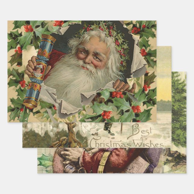 Merry Christmas Santa Claus Antique classic Wrapping Paper Sheet (Set)