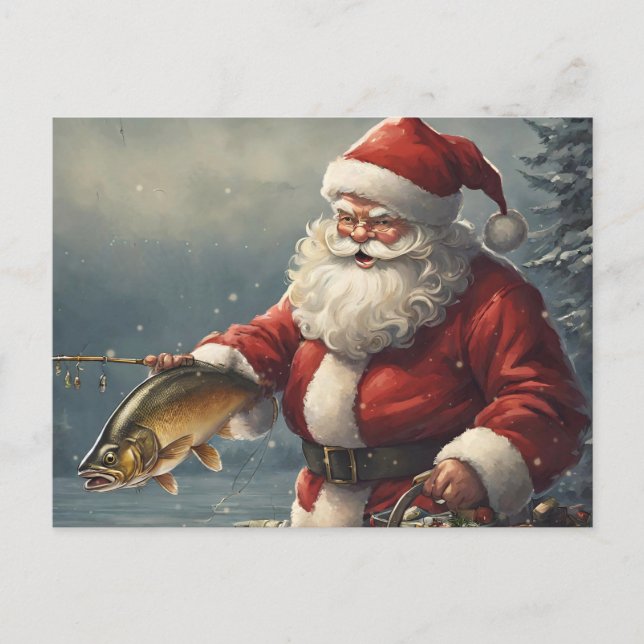 Merry Christmas Santa Claus Fishing Fishmas Fish Holiday Postcard (Front)