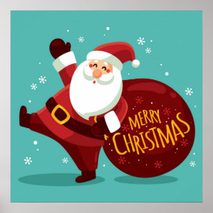 Merry Christmas: Santa Claus Holding Sack of Gifts Poster