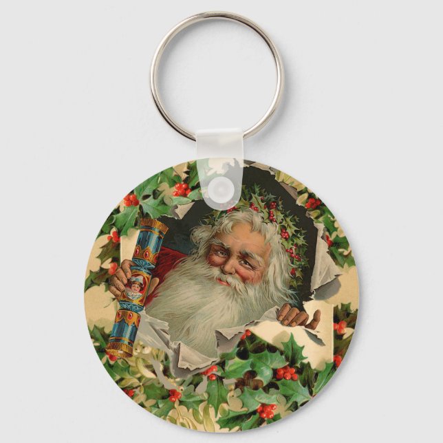 Merry Christmas Santa Claus Holly Keychain (Front)