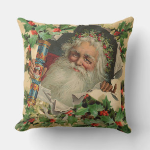 Merry Christmas Santa Claus Holly Outdoor Pillow