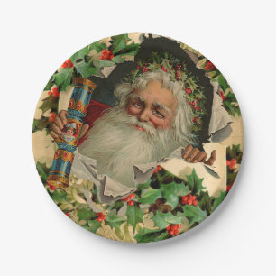 Merry Christmas Santa Claus Holly Paper Plate