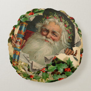 Merry Christmas Santa Claus Holly Round Pillow