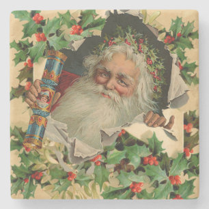 Merry Christmas Santa Claus Holly Stone Coaster