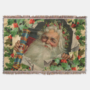 Merry Christmas Santa Claus Holly Throw Blanket