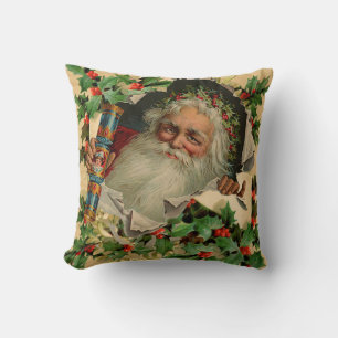 Merry Christmas Santa Claus Holly Throw Pillow