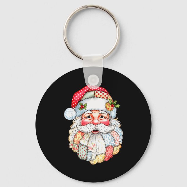 Merry Christmas Santa Claus Patchwork Pajamas Xmas Keychain (Front)