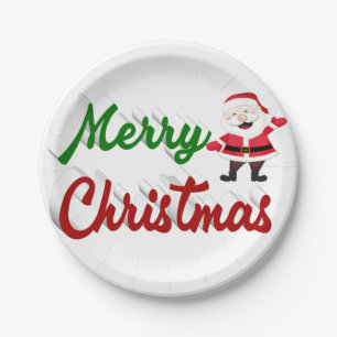 Merry Christmas Santa Claus red green script Paper Plate