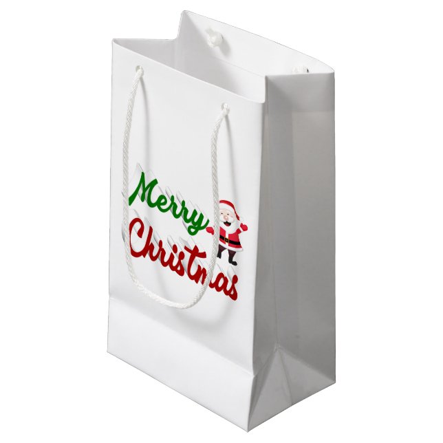 Merry Christmas Santa Claus red green script Small Gift Bag (Front Angled)