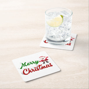 Merry Christmas Santa Claus red green script Square Paper Coaster