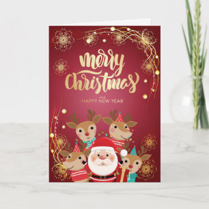 Merry Christmas,Santa Claus,Reindeers,Red Holiday Card