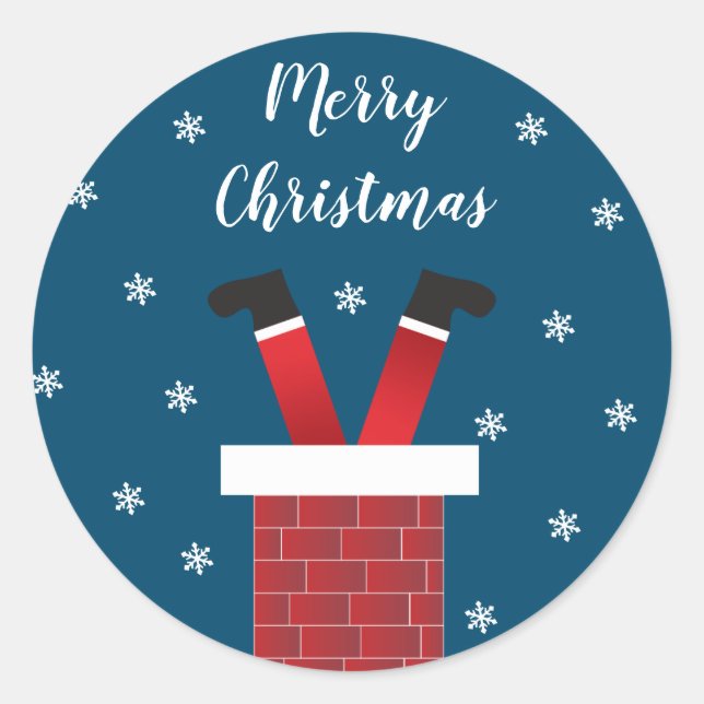 Merry Christmas Santa Claus Stuck In A Chimney Red Classic Round Sticker (Front)