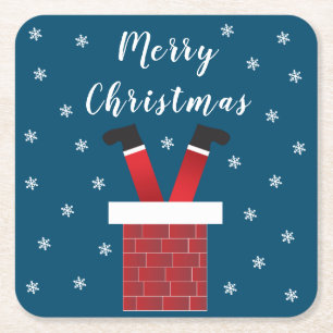 Merry Christmas Santa Claus Stuck In A Chimney Red Square Paper Coaster