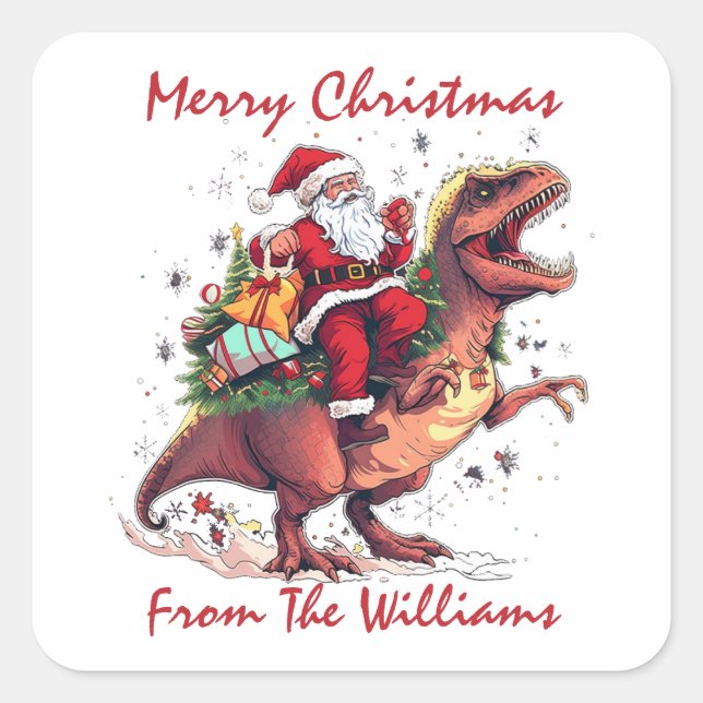 Merry Christmas Santa Claus Tyrannosaurus T-Rex Square Sticker (Front)