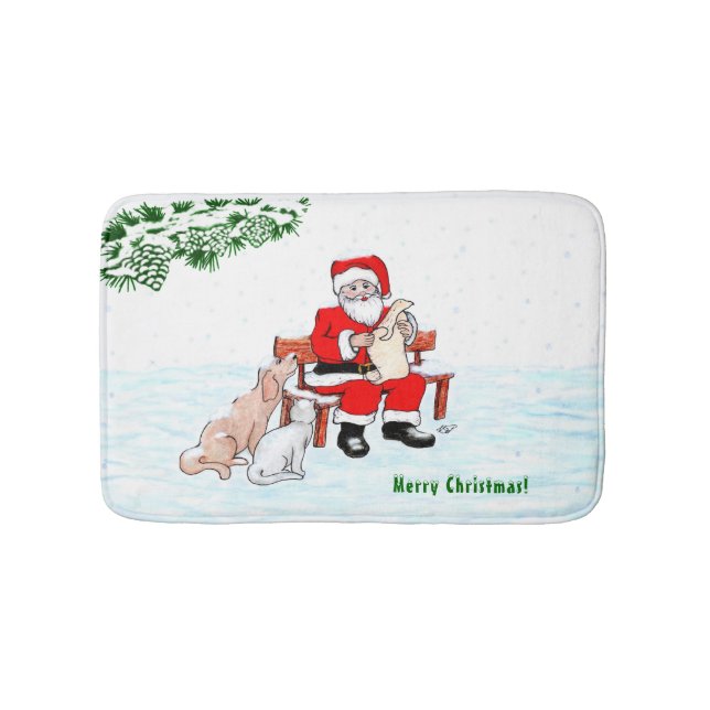 Merry Christmas! Santa Claus with Cat and Dog Bath Mat (Front)