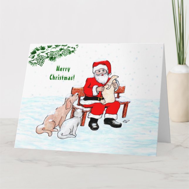 Merry Christmas! Santa Claus with Cat and Dog Card (Front)