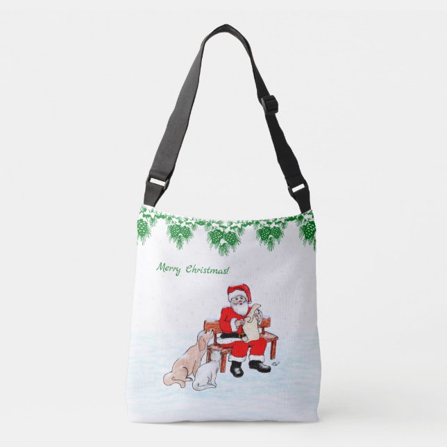 Merry Christmas - Santa Claus with Cat and Dog Crossbody Bag (Front)