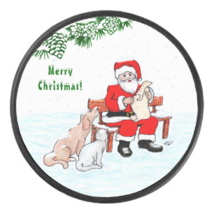 Merry Christmas! Santa Claus with Cat and Dog Hockey Puck