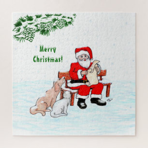 Merry Christmas! Santa Claus with Cat and Dog Jigsaw Puzzle