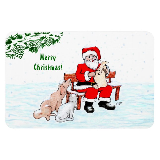 Merry Christmas! Santa Claus with Cat and Dog Magnet (Horizontal)