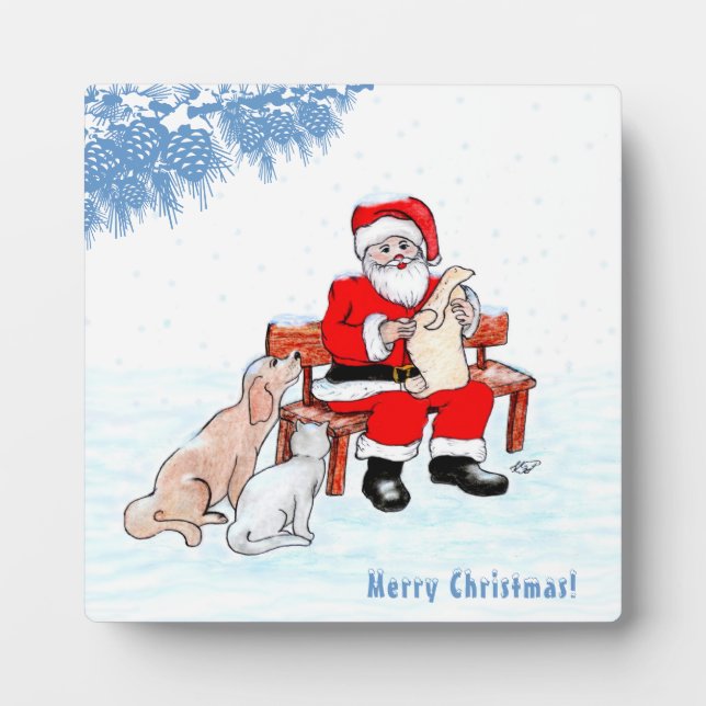 Merry Christmas - Santa Claus with Cat and Dog Plaque (Front)