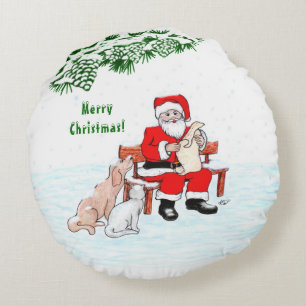Merry Christmas! Santa Claus with Cat and Dog Round Pillow