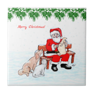 Merry Christmas - Santa Claus with Cat and Dog Tile