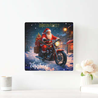 Merry Christmas Santa Clause On Motorcycle  Square Wall Clock