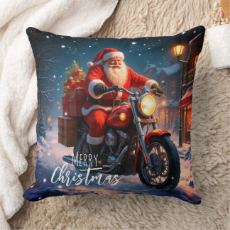 Merry Christmas Santa Clause On Motorcycle  Throw Pillow