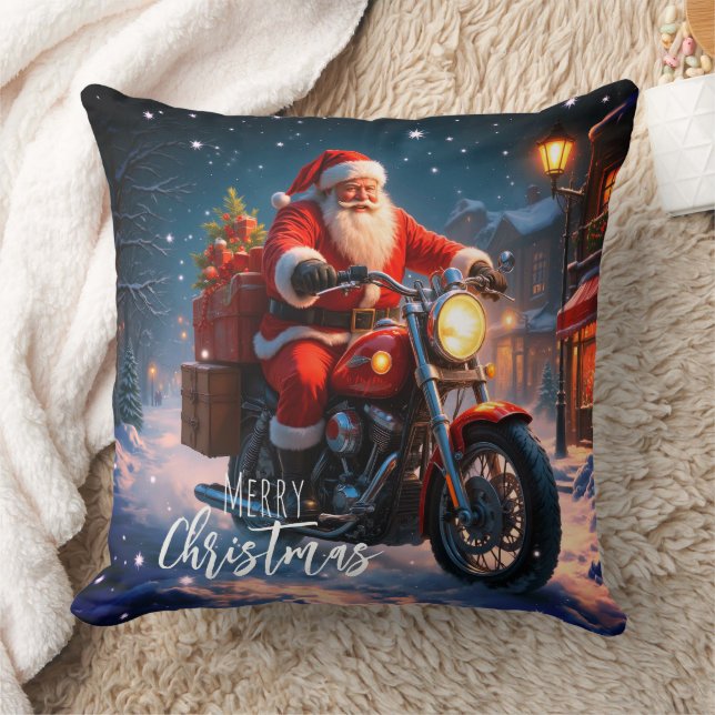 Merry Christmas Santa Clause On Motorcycle  Throw Pillow (Blanket)