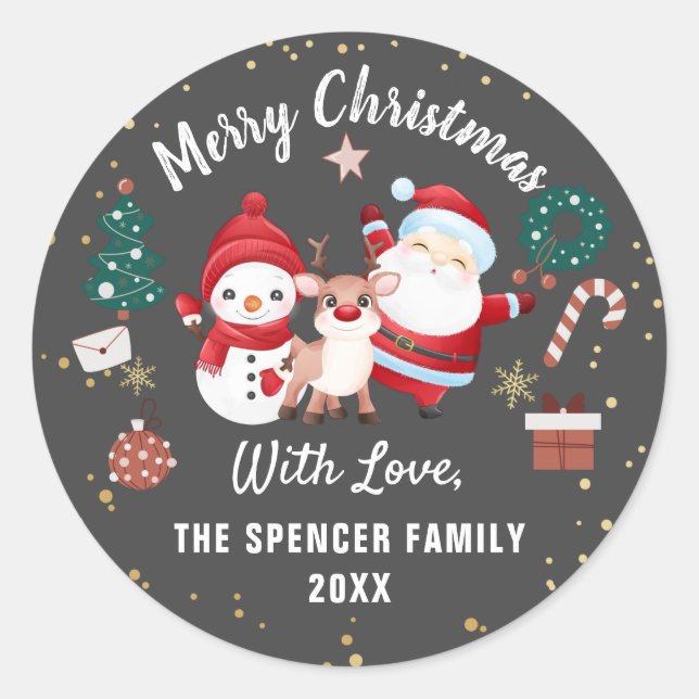 Merry Christmas Santa Deer Snowman Holiday Classic Round Sticker (Front)