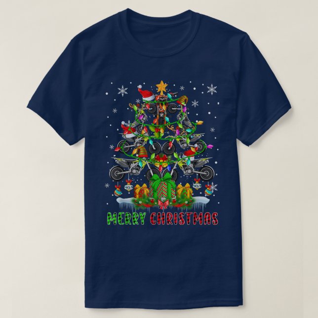 Merry Christmas Santa Dirt Bikes Xmas Tree Light P T-Shirt (Design Front)