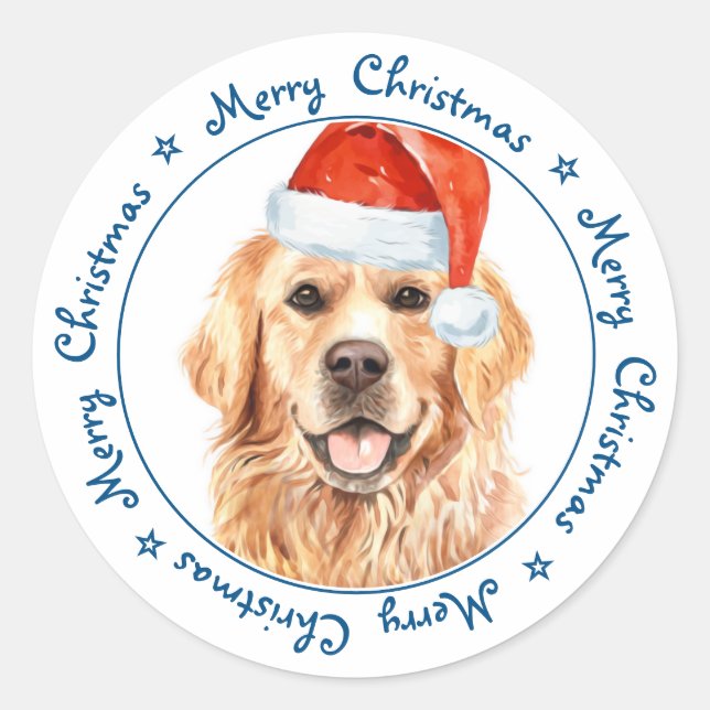 Merry Christmas Santa Dog Golden Retriever Classic Round Sticker (Front)