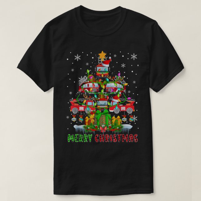 Merry Christmas Santa Fire Trucks Xmas Tree Light  T-Shirt (Design Front)