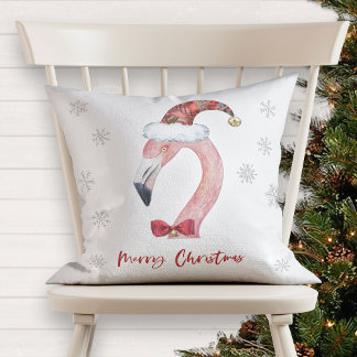 Merry Christmas Santa Flamingo Red Typography Throw Pillow