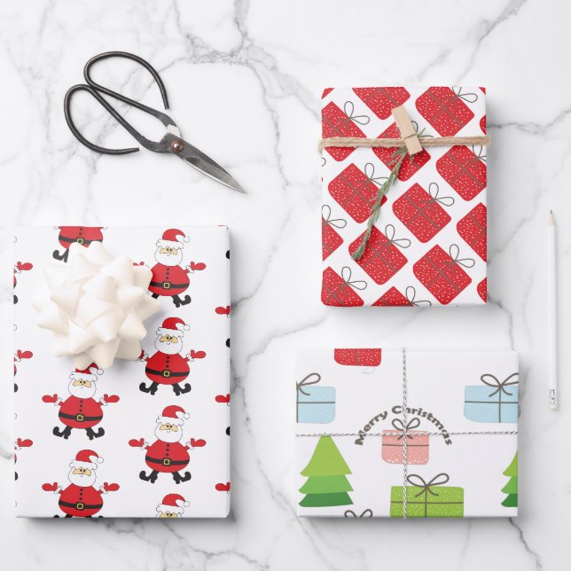 Merry Christmas Santa Gifts Tree Pattern Wrapping Paper Sheet (Front)