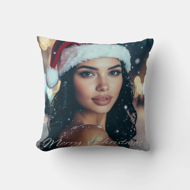 Merry Christmas - Santa Girl Throw Pillow (Front)