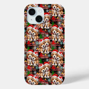 Merry Christmas Santa Hat Dog Puppy Design - Black iPhone 15 Case