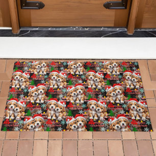 Merry Christmas Santa Hat Dog Puppy Design - Black Doormat