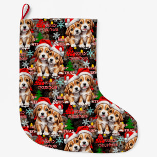 Merry Christmas Santa Hat Dog Puppy Design - Black Large Christmas Stocking