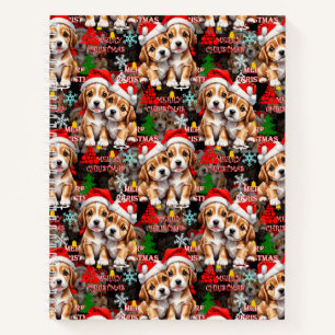 Merry Christmas Santa Hat Dog Puppy Design - Black Notebook