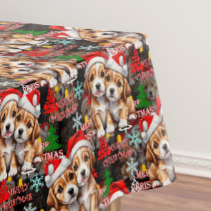 Merry Christmas Santa Hat Dog Puppy Design - Black Tablecloth