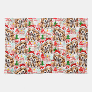 Merry Christmas Santa Hat Dog Puppy Design - White Kitchen Towel