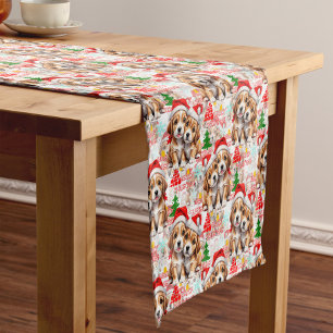 Merry Christmas Santa Hat Dog Puppy Design - White Short Table Runner