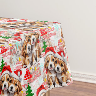 Merry Christmas Santa Hat Dog Puppy Design - White Tablecloth