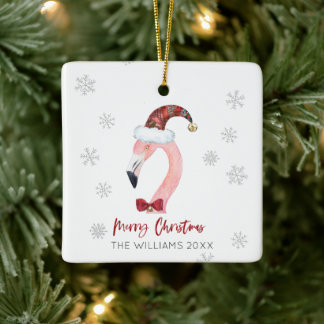 Merry Christmas Santa Hat Flamingo Snowflakes Ceramic Ornament