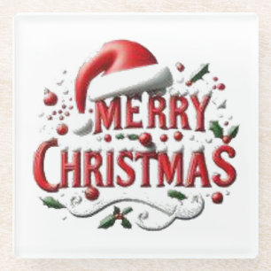 Merry Christmas Santa Hat  Glass Coaster